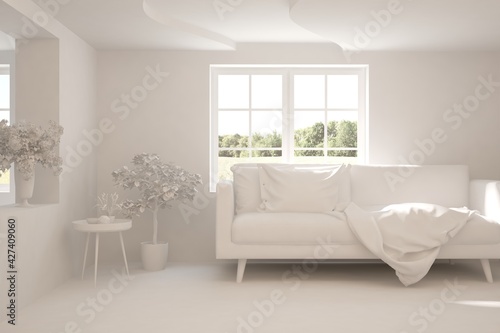 Mock up of stylish room in white color with sofa and green landscape in window. Scandinavian interior design. 3D illustration