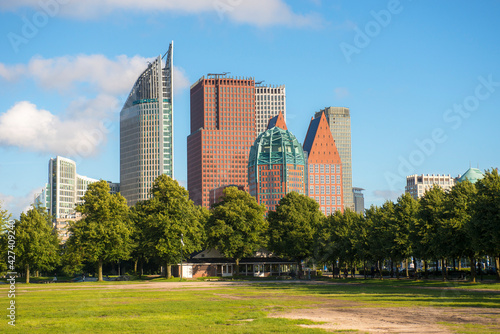 The skyline of The Hague, the Netherlands, with office buildings seen from malieveld