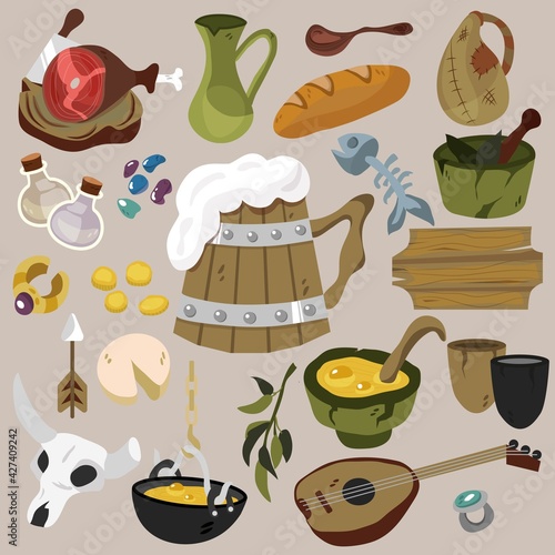 A set of medieval paraphernalia. Viking food. Interior items of the tavern. Antique coins and jewelry. Vector illustration for games, books, site. Clay dishes, skull, musical instrument, meat, beer.