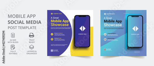 Mobile app promotion social media post template. geometric elements. mobile apps,  social media posts, banners design, and web, internet ads.