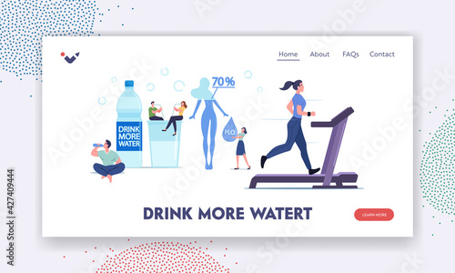 Characters Drink Water to Stay Hydrated Landing Page Template. Tiny People at Huge Bottle and Glass with Pure Aqua