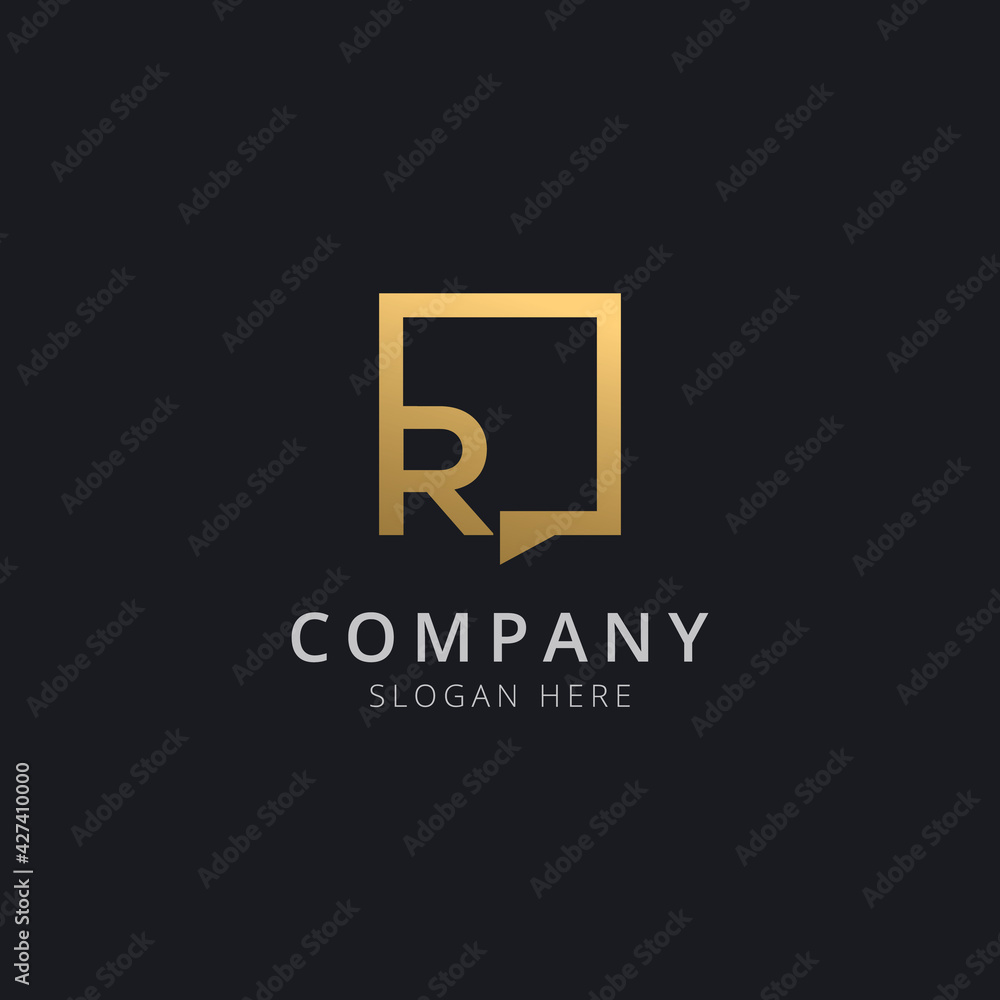 Fototapeta premium Initial letter R in chat square with modern gold color