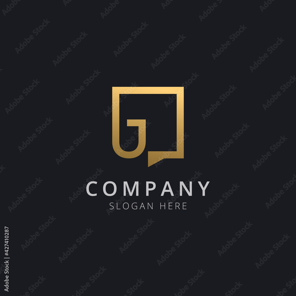 Initial letter J in chat square with modern gold color Initial letter J in chat square with modern gold color