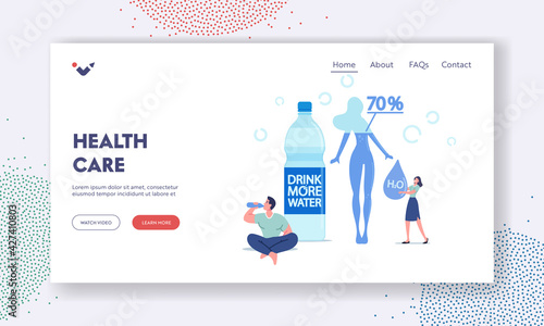 Health Care Landing Page Template. Sportsman Character Drinking Water from Bottle Refreshing after Fitness Activity