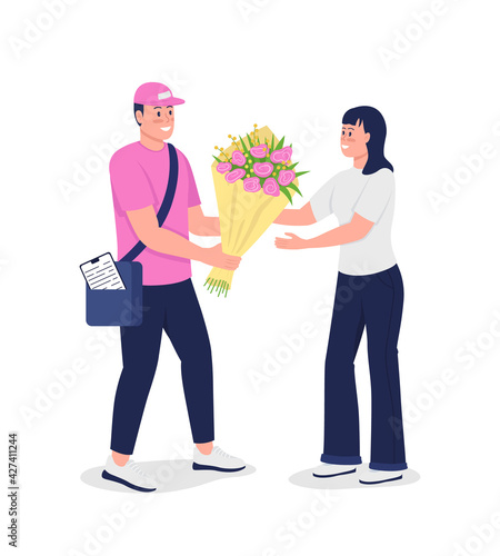 Happy delivery man give woman bouquet flat color vector detailed characters. Receive gift. Courier service. Flowers delivery isolated cartoon illustration for web graphic design and animation