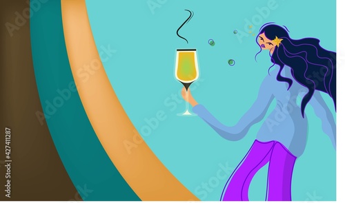 The woman is drinking. Drunk girl with a large glass of wine and can hardly stand. The concept of condemning female alcoholism and combating drunkenness. Vector poster, blue background. photo