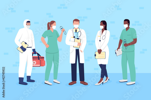 Doctors and nurses in medical masks flat color vector faceless characters set. Essential service workers isolated cartoon illustration for web graphic design and animation collection