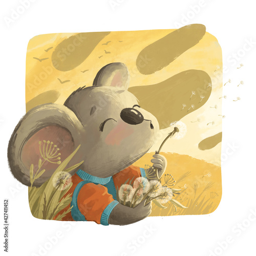 Photography Illustration of a small koala in overalls on a dandelion field blowing on a dandelion flower