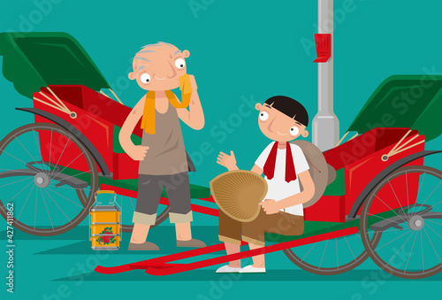 Cartoon illustration of two rickshaw coolies taking a rest. Pulled rickshaws is one of the most popular mode of transportation in old Hong Kong.