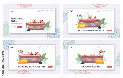Characters Relax in Japanese Onsen Bath Landing Page Template Set. Spa Resort, Hot Springs. Friends Enjoy Thermal Pool