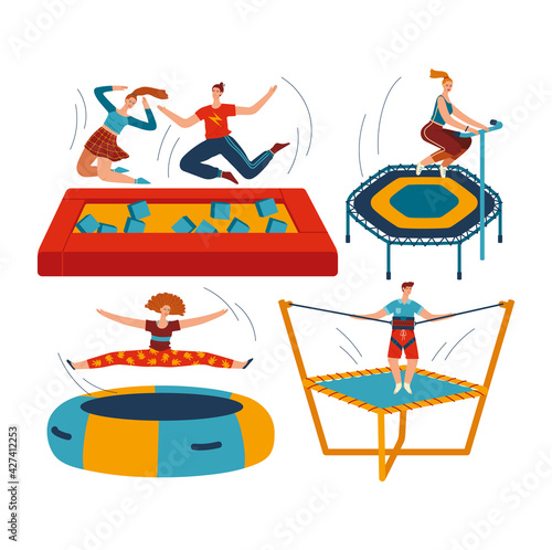 People jumping trampolines set of isolated vector illustration. Trampolining people and rebounders. Entertainment park.