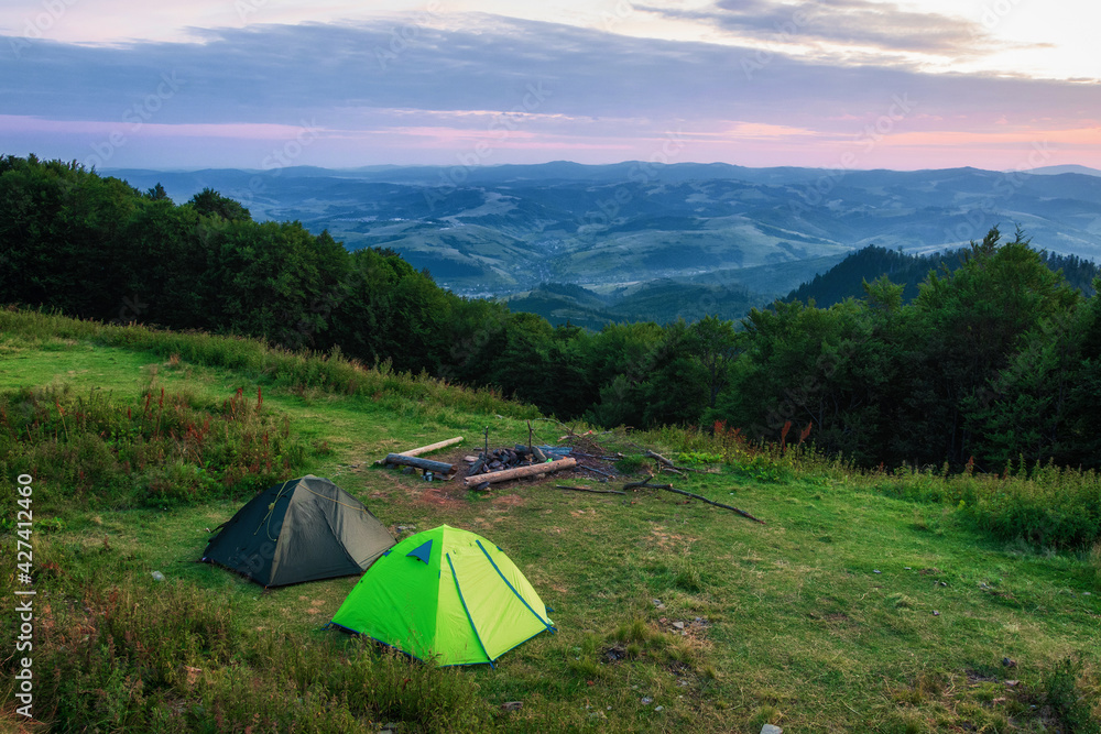 Orange camping tent in a grass on a summer meadow with many flowers in a mountain valley. Ukrainian Carpathians.