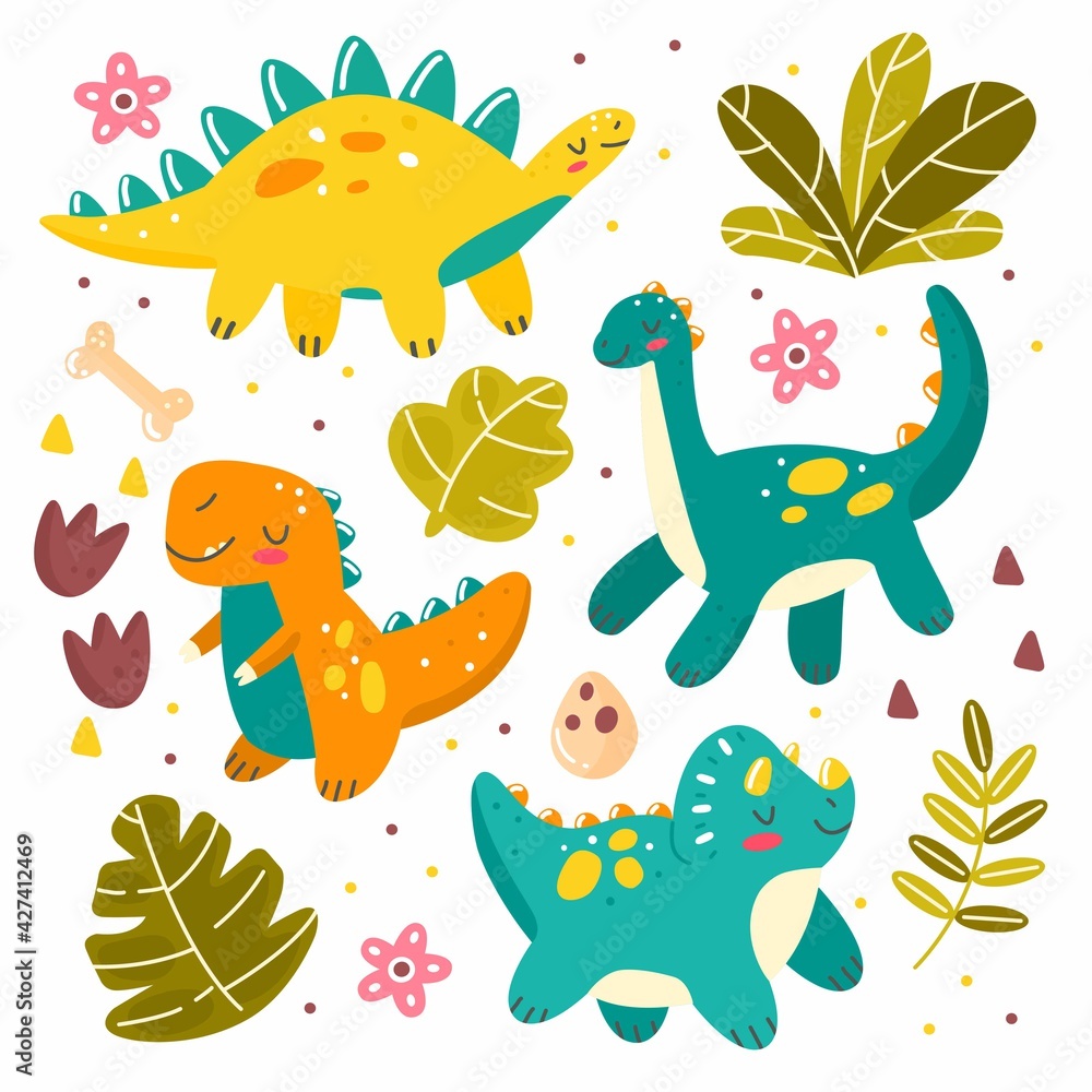 Set with cute dinosaurs, leaves in cartoon style. Vector childrens illustration isolated on background. Set with cute dinosaurs, leaves in cartoon style. Vector childrens illustration isolated on background.