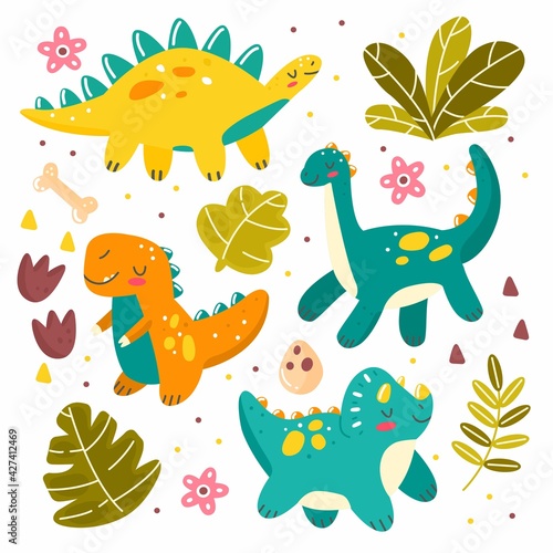 Set with cute dinosaurs  leaves in cartoon style. Vector childrens illustration isolated on background.