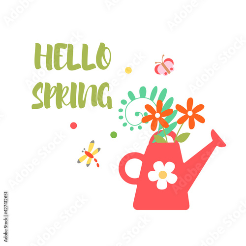 Hello spring lettering. Design of cards, backgrounds, labels, stickers. Vector illustration.