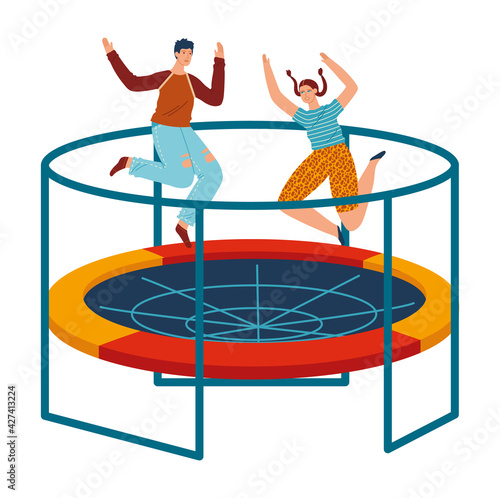 People jumping trampolines set of isolated vector illustration. Trampolining people and rebounders. Entertainment park.