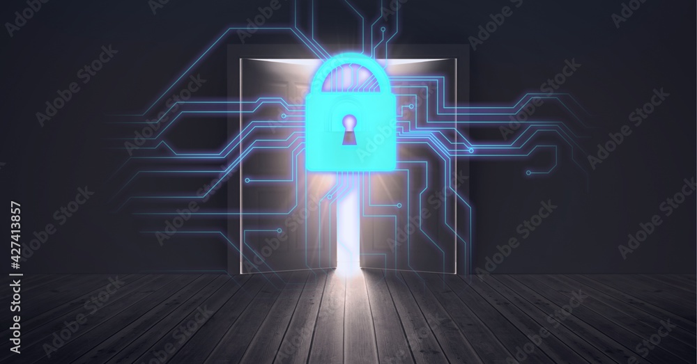 Fototapeta premium Composition of online security padlock, processor and open door