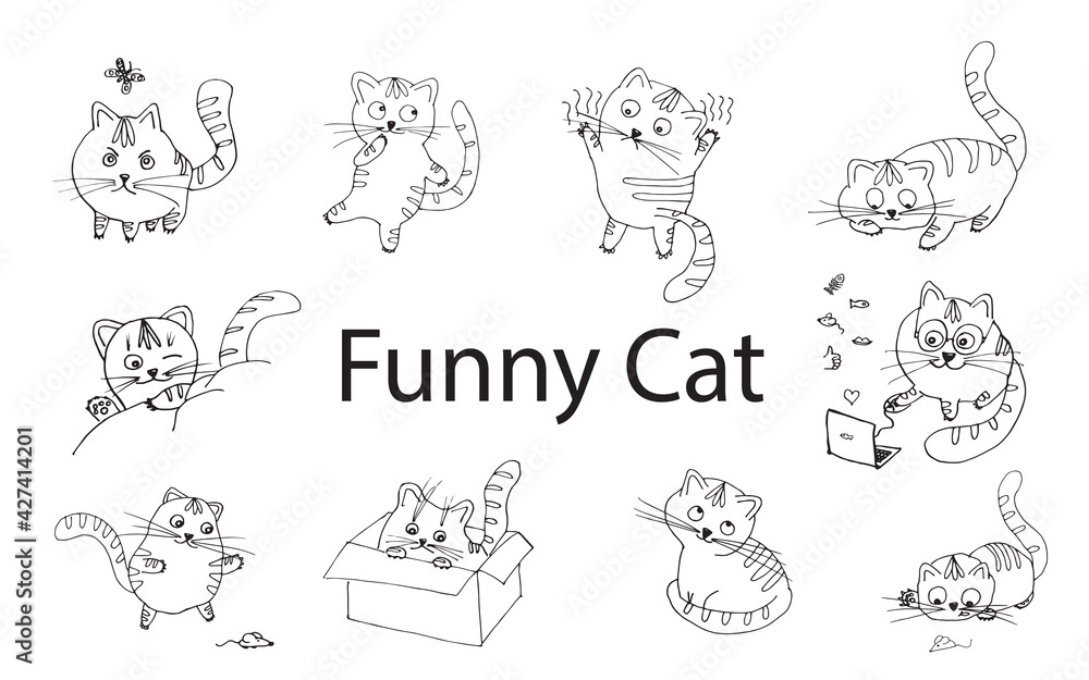 Vector funny cartoon cat. Children's illustration. Print to print. Pets. Cute kitten.