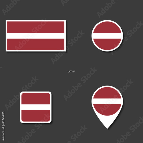 Free Download Latvia flag set in different shape (rectangle, circle, square and marker icon) on dark grey background. - GFXLoad