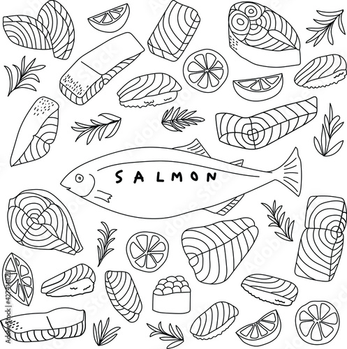 Hand drawn fresh and sliced salmon pieces and sashimi with lemon and rose marry in doodle art style on white background