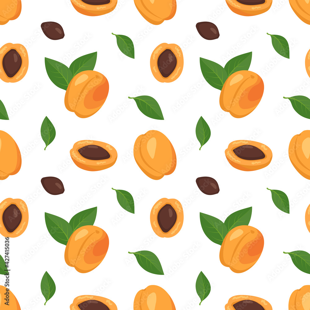 Seamless background with apricots, seeds and leaves. A cute summer or spring print with whole and halved fruit. Festive decoration for textiles, wrapping paper and design Seamless background with apricots, seeds and leaves. A cute summer or spring print with whole and halved fruit. Festive decoration for textiles, wrapping paper and design