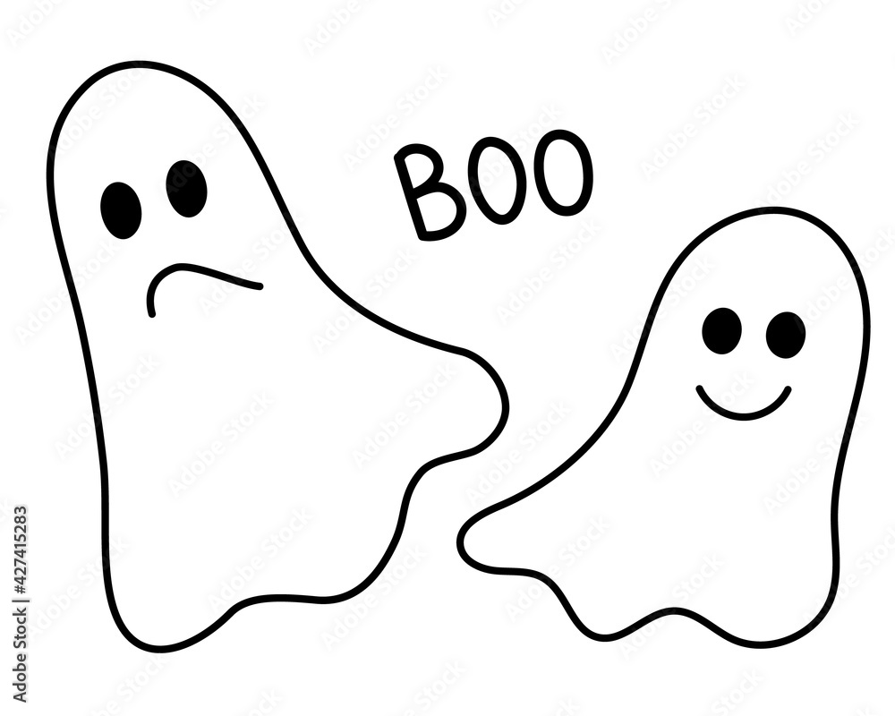 Abstract cartoon flying ghost for Halloween. Sad and funny phantoms. Happy Halloween! Stylized Vector illustration. Hand draw doodle style. Black outlines isolated on a white background. Abstract cartoon flying ghost for Halloween. Sad and funny phantoms. Happy Halloween! Stylized Vector illustration. Hand draw doodle style. Black outlines isolated on a white background.