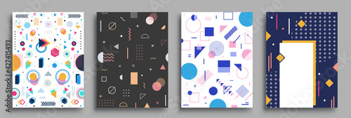 Memphis Style Poster Set. Halftone and geometric shapes patterns. Flat style Abstract Vector Design ideal for Banner, Web, Promotion, Placard and Billboard