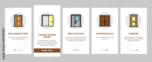 Interior Doors Types Onboarding Mobile App Page Screen Vector. Swing, Sliding And Folding Doors, Veneer And Medium Density Fibreboard, Wooden And Metal Material Illustrations