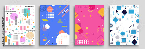 Memphis Style Poster Set. Halftone and geometric shapes patterns. Flat style Abstract Vector Design ideal for Banner, Web, Promotion, Placard and Billboard