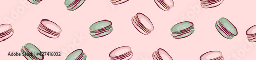 Children's seamless border of macaroons on a pink background.