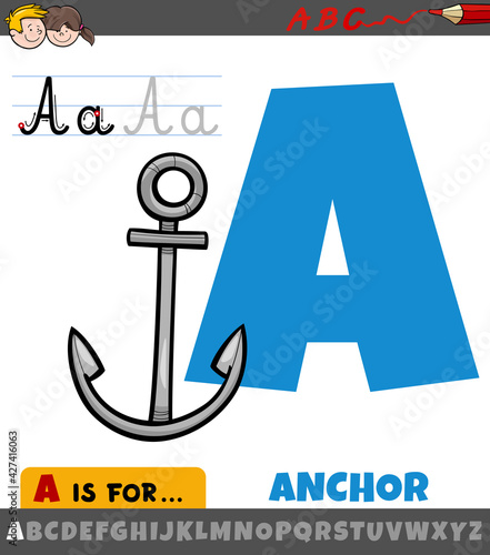 letter A from alphabet with cartoon anchor object