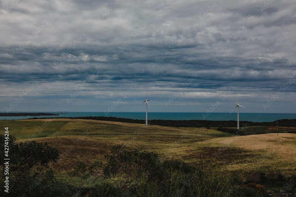 Australian landscape featuring row of wind turbines along the coast line at Cape Nelson, Portland Victoria Australia