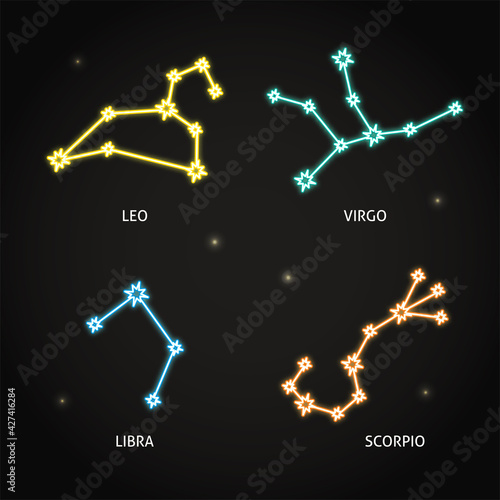 Neon zodiac constellation symbols collection on dark background