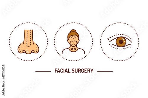 Facial plastic surgery color line icons concept. Anti aging injection, therapy. Isolated vector element. Outline pictograms for web page, mobile app, promo