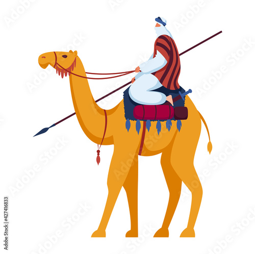 Desert camel driver, man eating animal, africa travel, bedouin arabic walk isolated on white, flat style vector illustration.