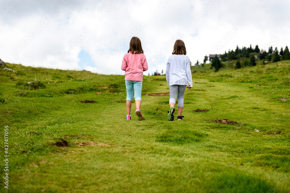 Children hiking in mountains or meadows with sport hiking shoes. Children hiking in mountains or meadows with sport hiking shoes.