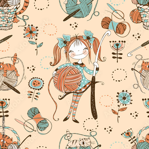 Crocheting. Seamless pattern. Cute needlewoman with a crochet hook. Vector