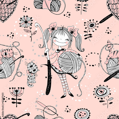 Cute girls needlewomen crochet knitters. Seamless pattern.Vektor.