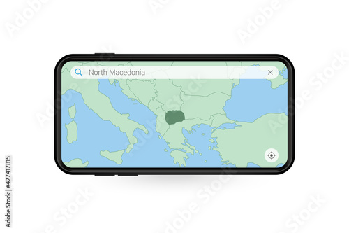 Searching map of Macedonia in Smartphone map application. Map of Macedonia in Cell Phone.