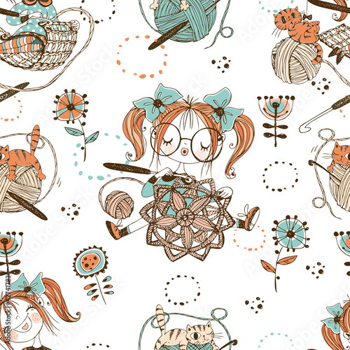 Cute girls needlewomen crochet knitters. Seamless pattern.Vektor.