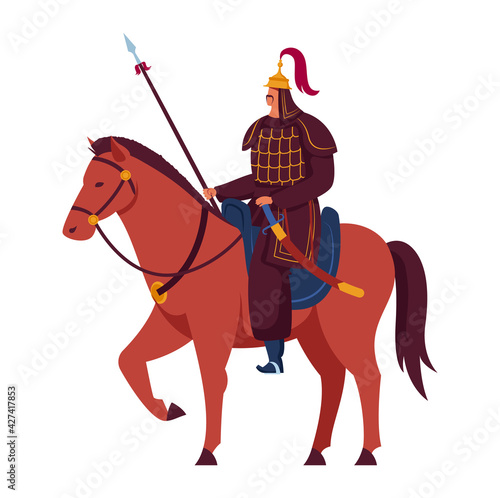 Horse tatar, mongol ancient horseman, medieval man, mongolian horde, isolated on white, design, flat style vector illustration.