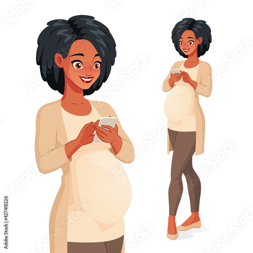 Smiling black African pregnant woman using mobile phone. Vector illustration.