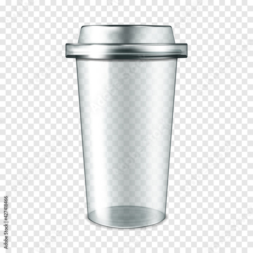 Clear empty plastic cup with lid on transparent background, realistic mockup. To go beverage mug, template. Disposable takeaway drink container, vector mock-up
