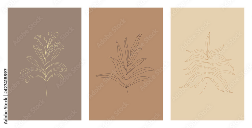 Set of three botanical drawings in warm beige and brown colors. Wall art botanical poster. Abstract plant design for print, cover, flyer, card, brochure. Trendy vector illustration in minimal style.