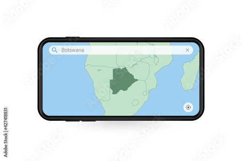 Searching map of Botswana in Smartphone map application. Map of Botswana in Cell Phone.