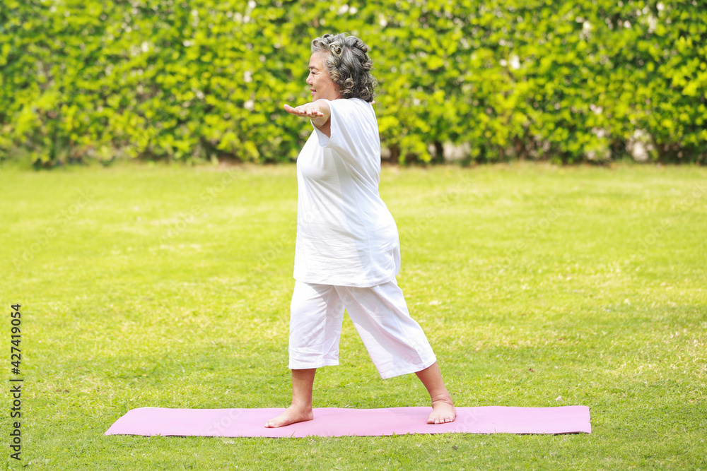 Asian Elderly woman pilates exercise in garden.