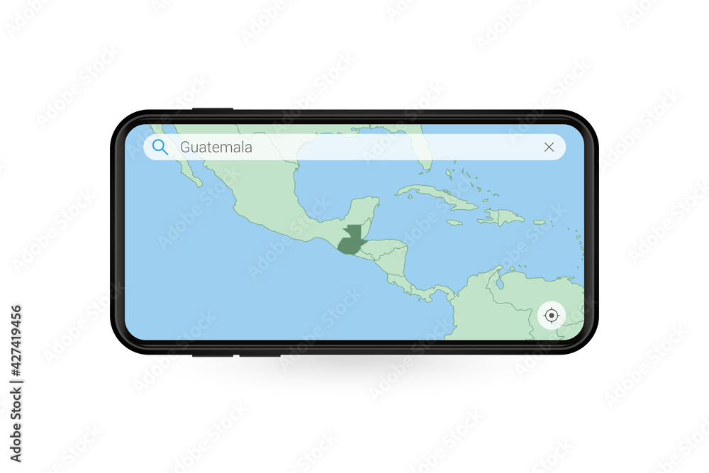 Searching map of Guatemala in Smartphone map application. Map of Guatemala in Cell Phone. Searching map of Guatemala in Smartphone map application. Map of Guatemala in Cell Phone.