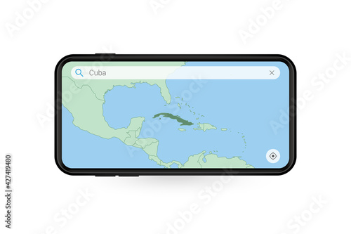 Searching map of Cuba in Smartphone map application. Map of Cuba in Cell Phone.