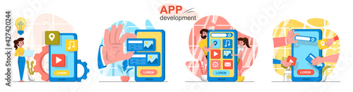 App development concept scenes set. Designer comes up with ideas, developers create interface of mobile application. Collection of people activities. Vector illustration of characters in flat design