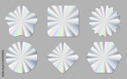 Set of trendy holographic colored stickers and decals of different shapes, vector illustration